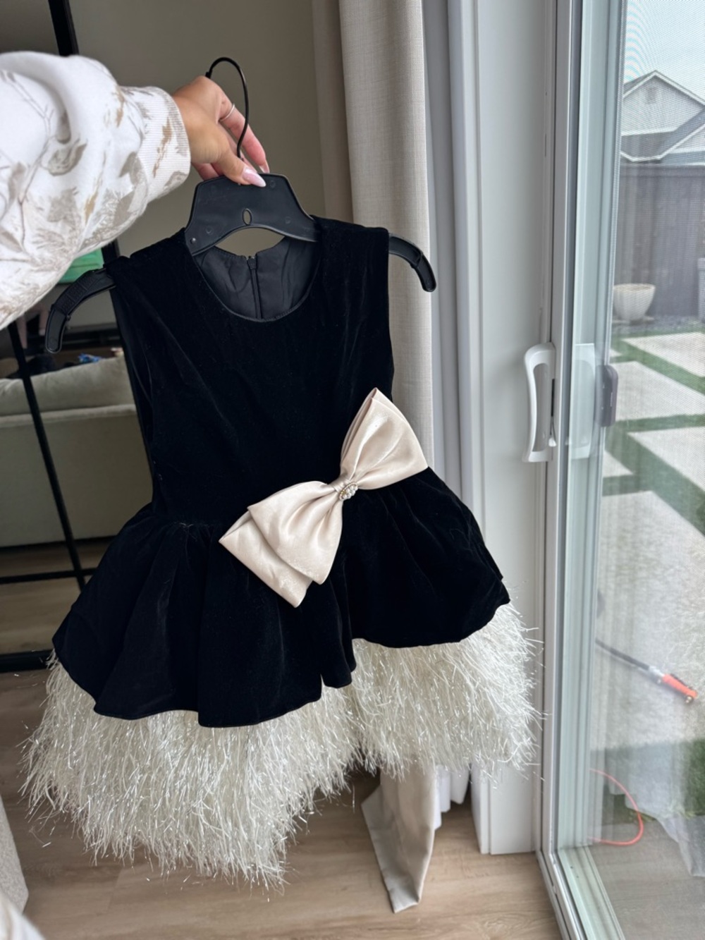 Black Velvet Party Dress with Champagne Bow